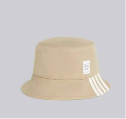 A beige hat with white stripes

Description automatically generated