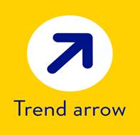 A blue arrow in a white circle with a yellow background